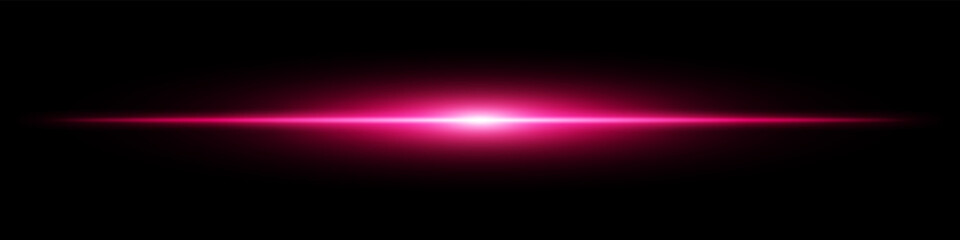 Red light burst. Horizontal glowing ray with soft edges, shining core, radial beam gradient on black background. Suitable for future, energy, sci-fi, technology, speed, flash.