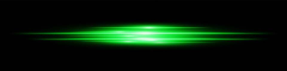 Green energy beam. Bright horizontal streaks with layered glow and radiant effect on black background. Great for power, sci-fi, motion, tech, future design.
