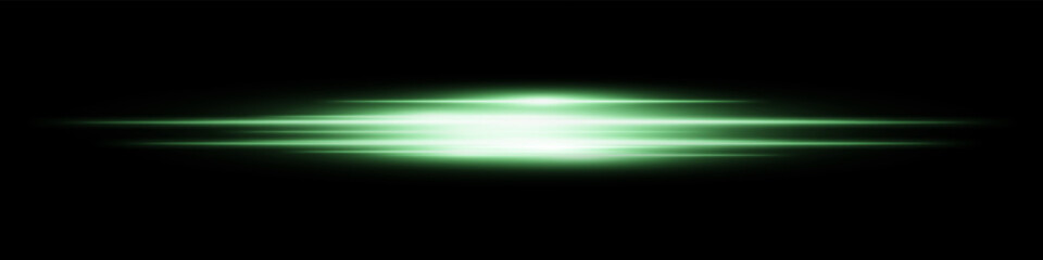 Green energy beam. Bright horizontal streaks with layered glow and radiant effect on black background. Great for power, sci-fi, motion, tech, future design.