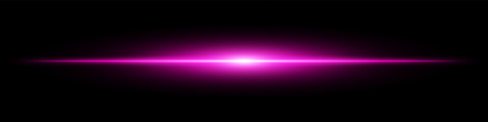 Purple light burst. Horizontal glowing ray with soft edges, shining core, radial beam gradient on black background. Suitable for future, energy, sci-fi, technology, speed, flash.