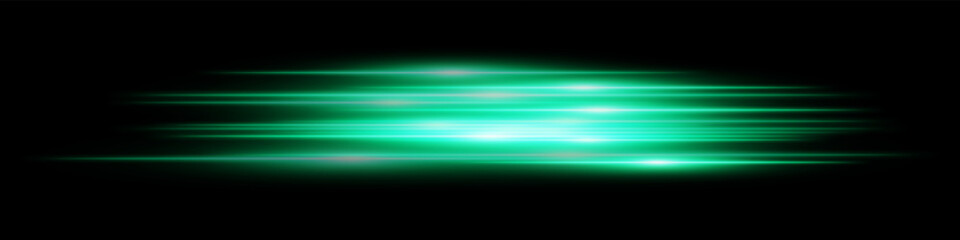 Green light speed effect. Multiple horizontal streaks in neon glow with speed motion on dark transparent background. Ideal for technology, digital, future, sci-fi visuals.