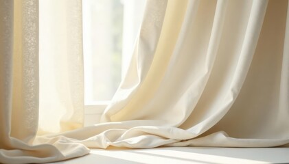 Cream linen curtains, soft folds, bright studio light , minimalist, home decor, detail