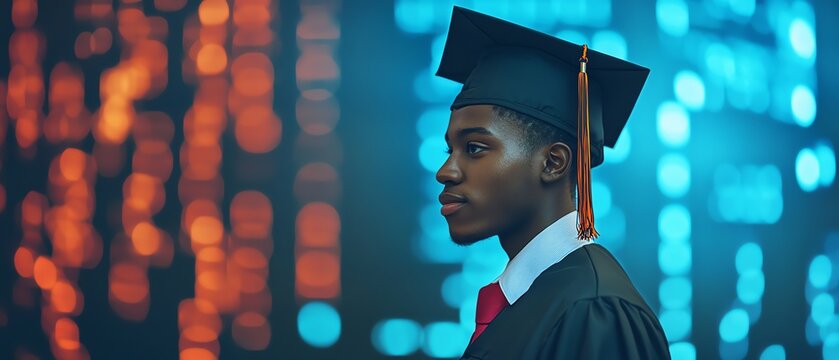 Graduation ceremony portrait with solemn pride.