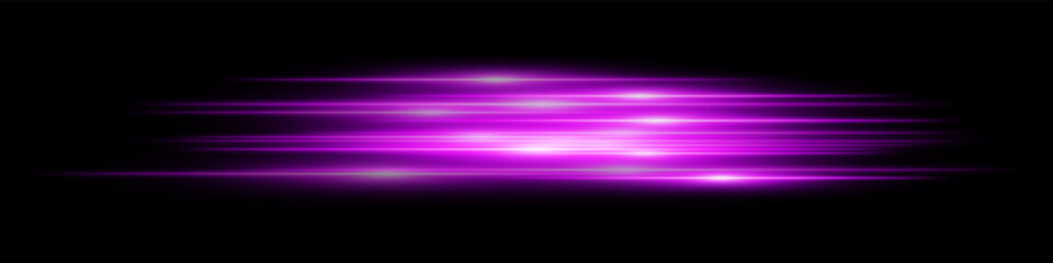 Purple light speed effect. Multiple horizontal streaks in neon glow with speed motion on dark transparent background. Ideal for technology, digital, future, sci-fi visuals.
