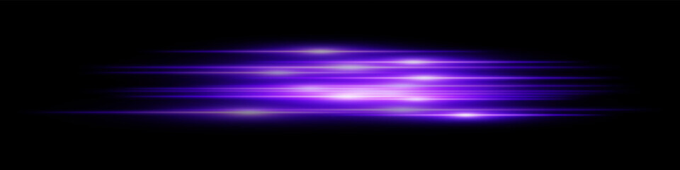 Purple light speed effect. Multiple horizontal streaks in neon glow with speed motion on dark transparent background. Ideal for technology, digital, future, sci-fi visuals.