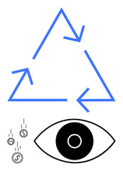 Blue recycling triangle with arrows, black eye graphic, and descending coins. Ideal for sustainability, circular economy, environmental awareness, vision, financial management, waste reduction