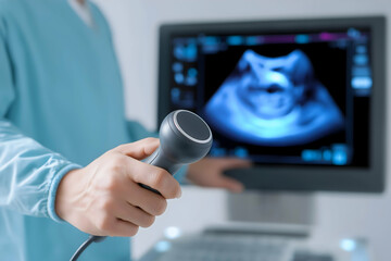 A doctor holds an ultrasound probe in front of a monitor displaying a medical sonogram image.
