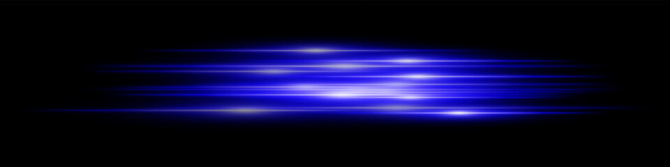 Blue light speed effect. Multiple horizontal streaks in neon glow with speed motion on dark transparent background. Ideal for technology, digital, future, sci-fi visuals.