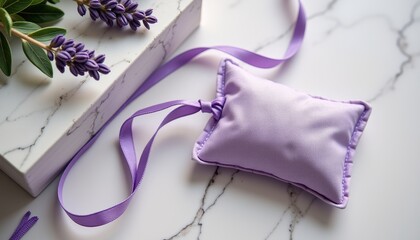 Lavender sachet with ribbon on marble surface beside lavender flowers  