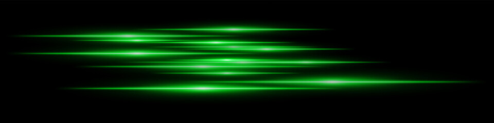 Green glowing motion blur. Horizontal layered light streaks with dynamic sci-fi shine and bright speed trails on black. Fits future, tech, fast energy design.