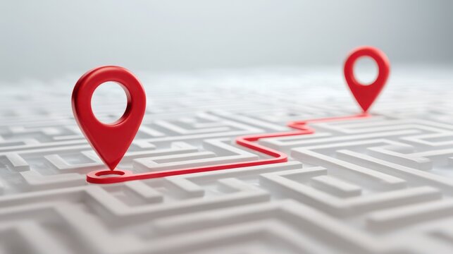 Red location pins on maze with red path line show travel route, search location, and smart map direction for solving navigation or delivery tasks