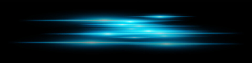 Blue motion streaks. Blurred glowing lines with soft light burst on black background, creating illusion of movement and depth. Ideal for speed, sci-fi, tech, energy effects.
