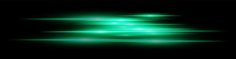 Green motion streaks. Blurred glowing lines with soft light burst on black background, creating illusion of movement and depth. Ideal for speed, sci-fi, tech, energy effects.