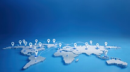World map with 3d location pins on blue background shows global search location, smart map network, and worldwide gps navigation system idea