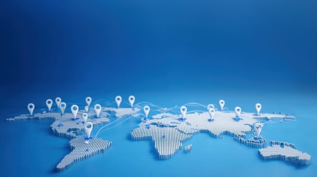 World map with 3d location pins on blue background shows global search location, smart map network, and worldwide gps navigation system idea