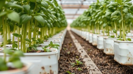 Vibrant basil plants in white pots inside a greenhouse, showcasing healthy growth and sustainability
