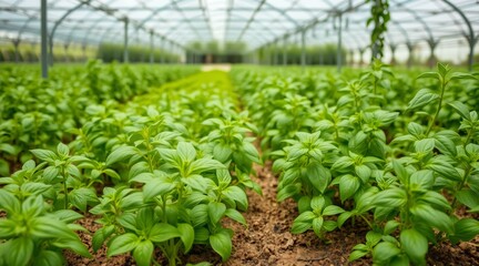Lush basil plants growing in a greenhouse, symbolizing healthy growth and sustainable agriculture