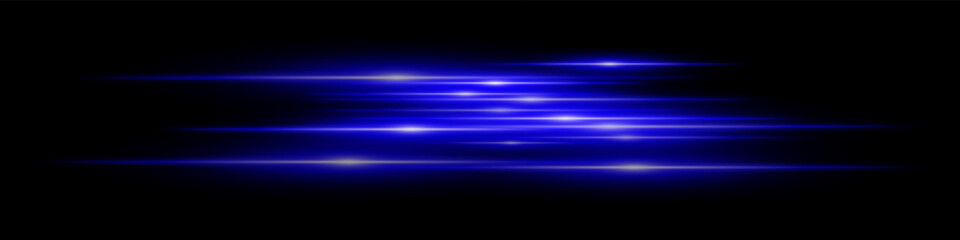 Blue motion streaks. Blurred glowing lines with soft light burst on black background, creating illusion of movement and depth. Ideal for speed, sci-fi, tech, energy effects.