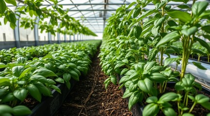 Lush basil plants thriving in a greenhouse, representing growth, health, and sustainable agriculture