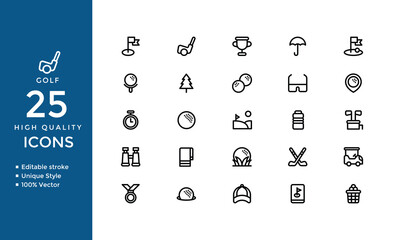 Golf Outline Icons – Simple Linear Vector Set of Clubs, Balls, Flags, and Sports Equipment