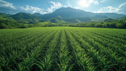 Vast green field with mountain backdrop under sunny sky creates a serene natural vista