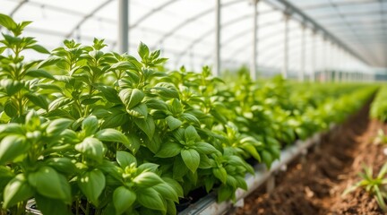 Lush basil plants thriving in a greenhouse, symbolizing health, growth, and sustainable farming