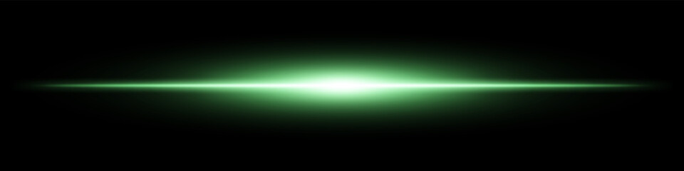 Green light burst. Horizontal glowing ray with soft edges, shining core, radial beam gradient on black background. Suitable for future, energy, sci-fi, technology, speed, flash.