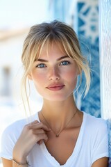 Close-up portrait of a young woman with bright blue eyes, light blonde hair, and natural makeup standing against a blue patterned wall, radiating calm confidence