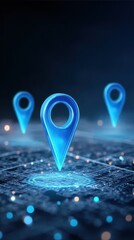 Three blue location pins placed on a digital map background, showing search location points and navigation locator tracking in modern gps system