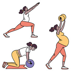 Set of pregnant fitness icons illustrating a range of exercises that promote health and well being during pregnancy emphasizing yoga and strength training routines