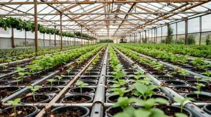 Rows of young seedlings in a greenhouse, representing growth, cultivation, and sustainability