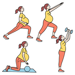 Set of fitness icons featuring pregnant women performing yoga and strength training exercises promoting health and wellness during pregnancy