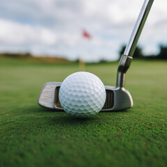 Close-up: White golf ball on green, putter poised, sharply focused under soft diffused light, pristine course feel.