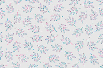 Abstract seamless pattern design of stylized leaves in pink and blue hues outlines on a soft gray background, can be used for background, textiles, wrapping paper and other decorative purposes.