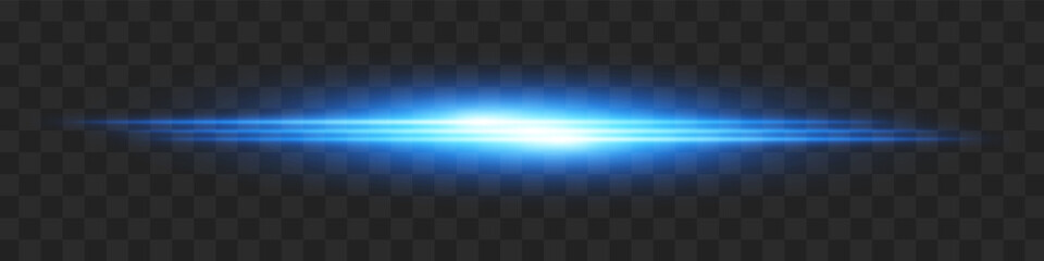 Obraz premium Blue light flash. Intense horizontal burst with glowing streaks on transparent background. Dynamic, hot energy line ideal for speed, sci-fi, power, laser, heat.