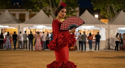 Naklejka premium Elegant Woman in Red Flamenco Dress with Fan at Night Event Photo
