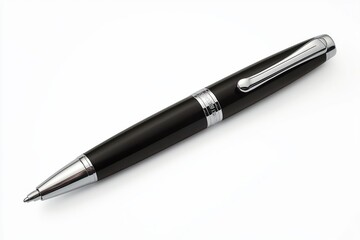close-up of a sleek black and silver ballpoint pen on a white background conveying professionalism and precision