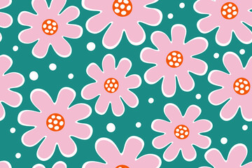 Seamless pattern .Playful Retro Floral Vector Pattern with Pink Cartoon Flowers on Green Background