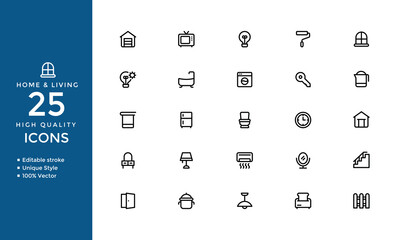 Minimalist Home Interior Line Icons Set – Vector Collection of Furniture, Décor, and Layout for Real Estate and Design
