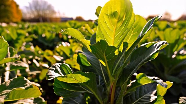 Close-up of collard green leaves growing in a large field under bright sunlight, depicting agriculture and healthy food concepts.