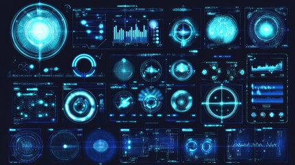 Futuristic blue digital interface elements; HUD, data visualizations, and tech displays