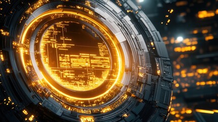 Futuristic circular tech interface with glowing orange code