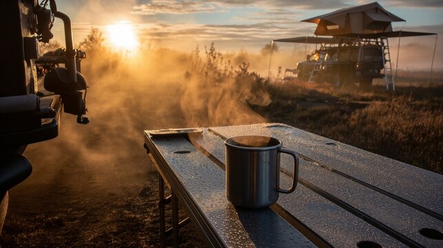Dramatic morning light over a rugged campsite scene with a hot drink on a metal table and off-road vehicles in view.
