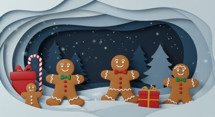 Festive Christmas Gingerbread Family Illustration in Paper Cut Style with Gifts