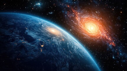 Obraz premium View of a blue planet from space with swirling storm patterns, illuminated city lights, and a bright glowing galaxy with stars in the distant cosmos evoking wonder and vastness