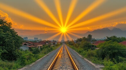 Obraz premium Sunbeams on Train Tracks at Sunset