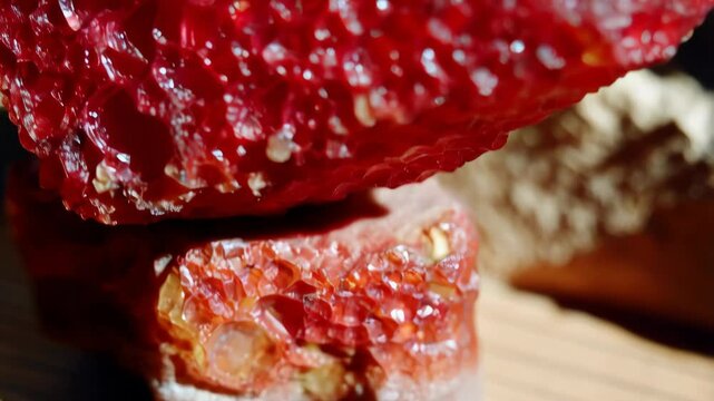 Detailed macro image of vibrant red rough ruby crystals with reflective facets and intricate textures, showcasing raw mineral beauty and geological formations.