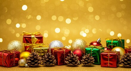 Festive Christmas Presents and Decorations on Golden Glitter Background Photo