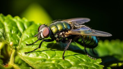 An extreme macro shot of a common house green fly perched on a vibrant green leaf, capturing intricate details of its iridescent wings