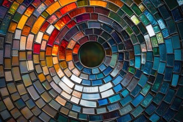 Naklejka premium Colorful circular mosaic made of small glass tiles arranged in concentric rings with vibrant reds, oranges, blues, and greens creating a radiant pattern